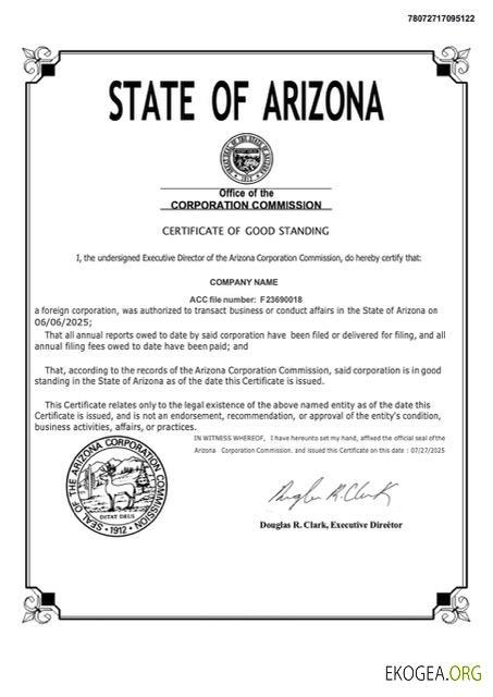 Modèle Word et PDF de certificat de bonne réputation USA Arizona, version 2